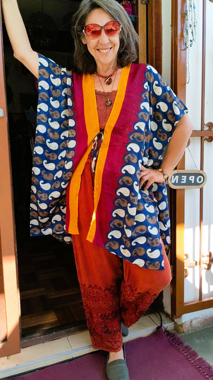 Paisley Boho Kimono – Navy, Burgundy, White & Gold