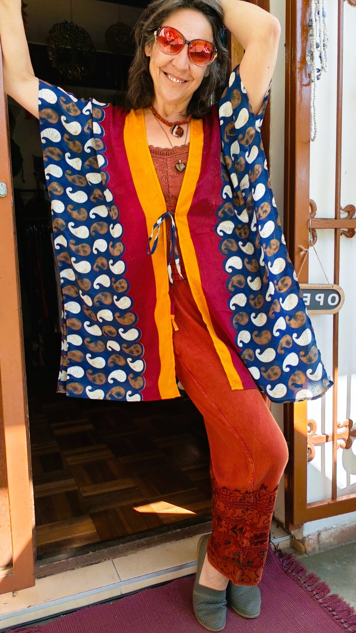 Paisley Boho Kimono – Navy, Burgundy, White & Gold