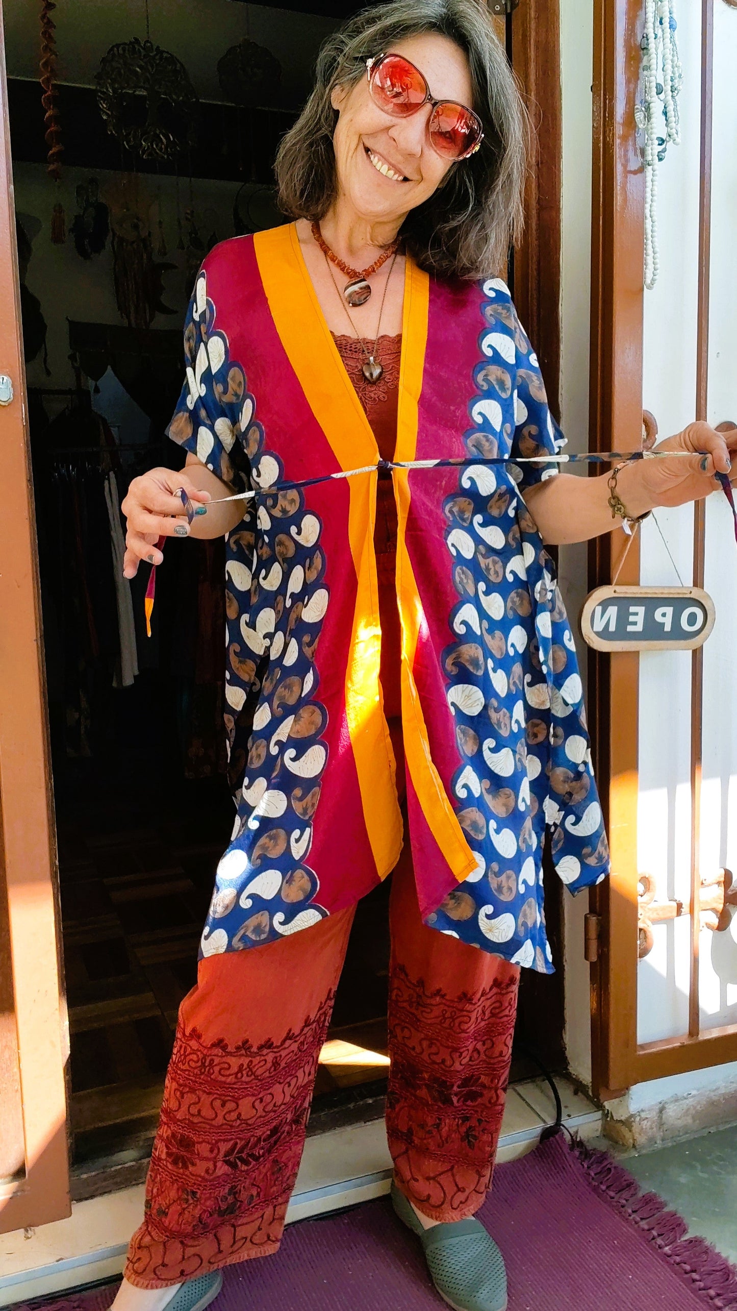 Paisley Boho Kimono – Navy, Burgundy, White & Gold