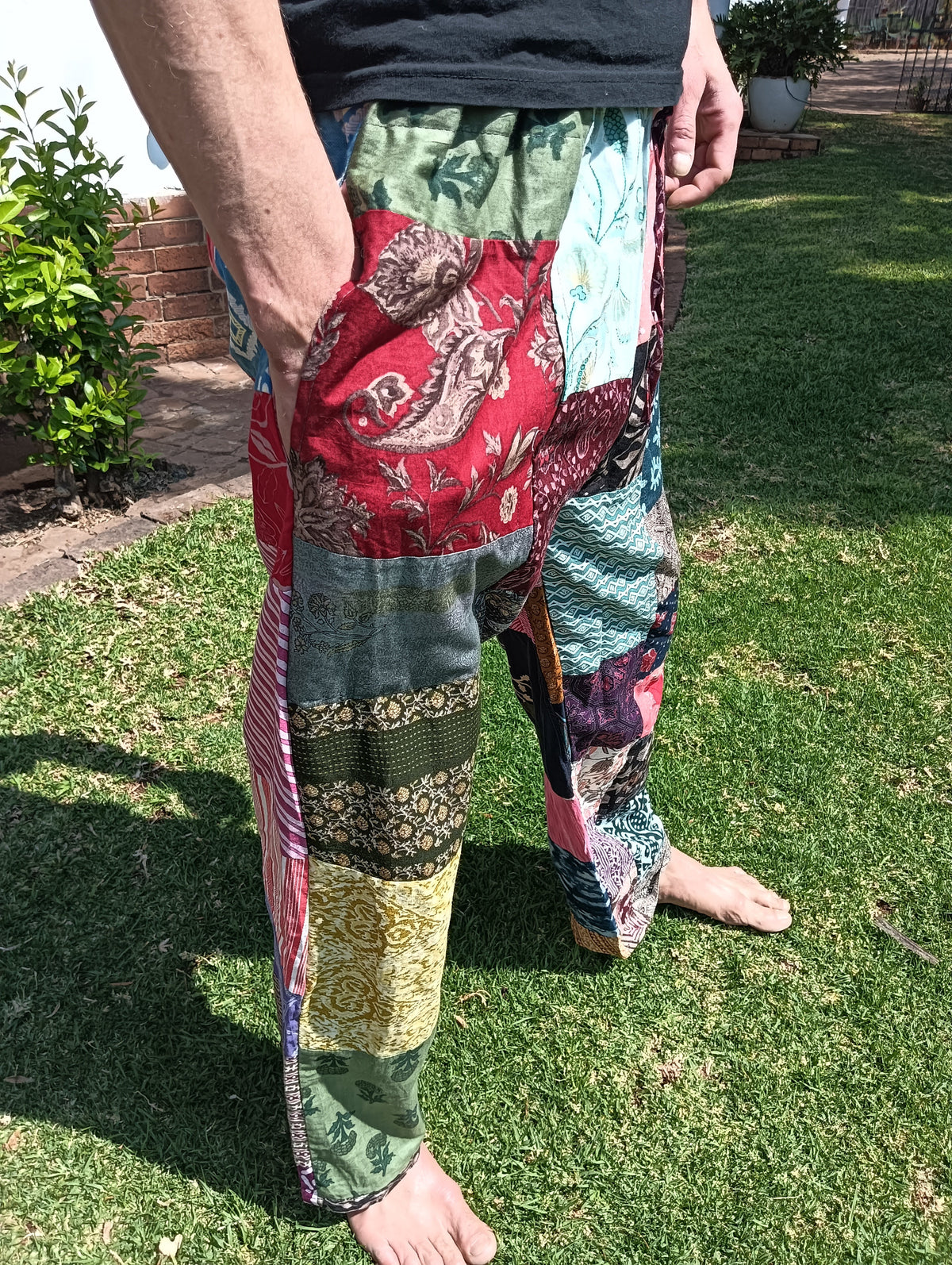 Indian Patchwork Cotton Trousers – back view showing patchwork detail across seat and legs