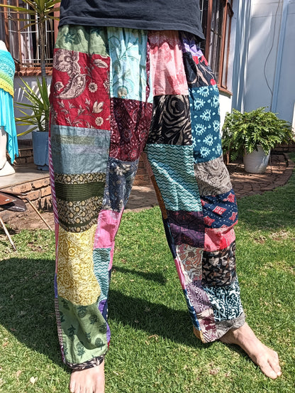 Indian Patchwork Cotton Trousers – full leg view showing variety of cotton print patches from waist to hem