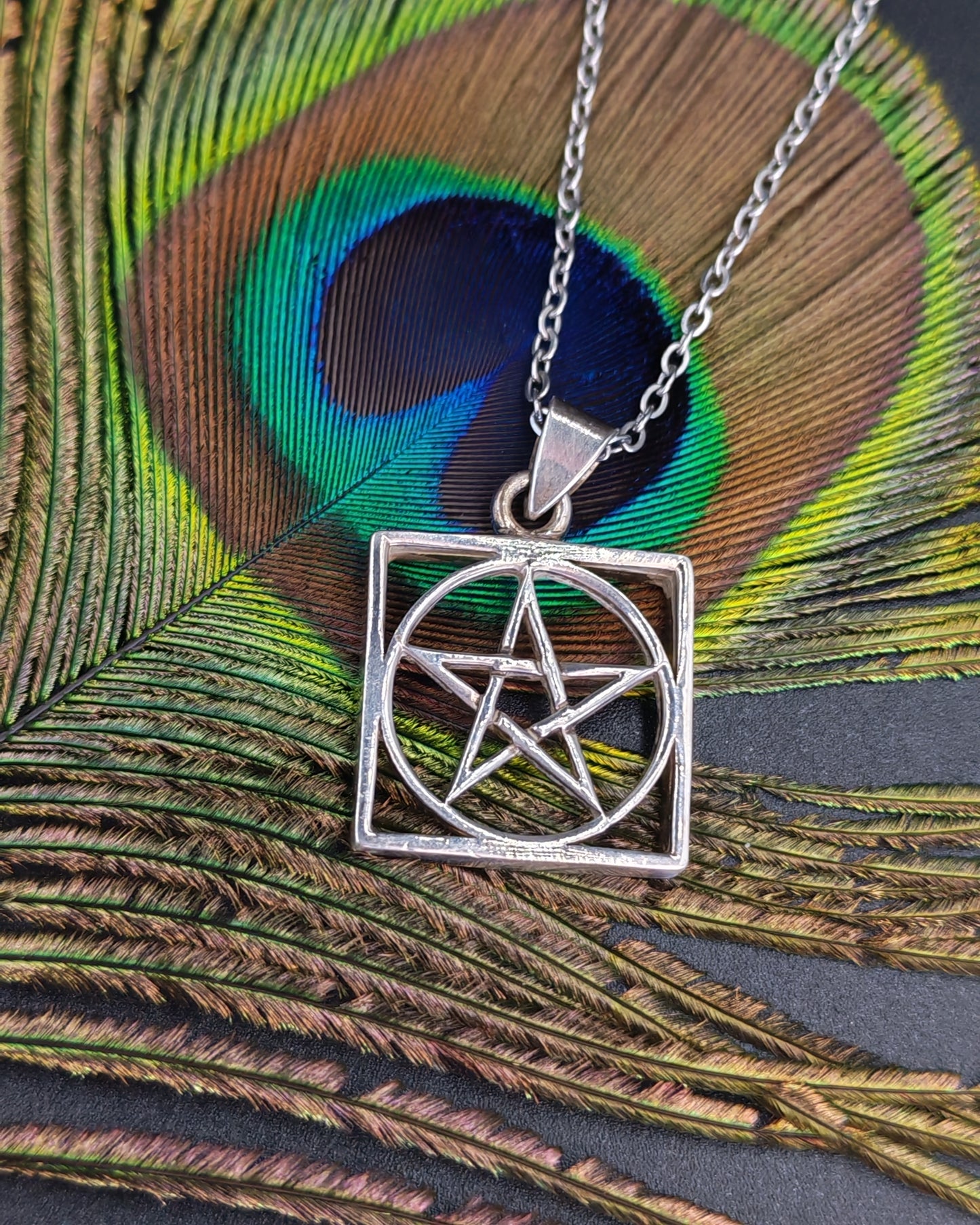 Silver Pentagram Square Frame Pendant Necklace