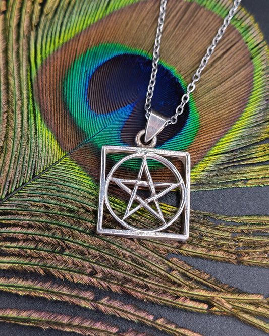 Silver Pentagram Square Frame Pendant Necklace