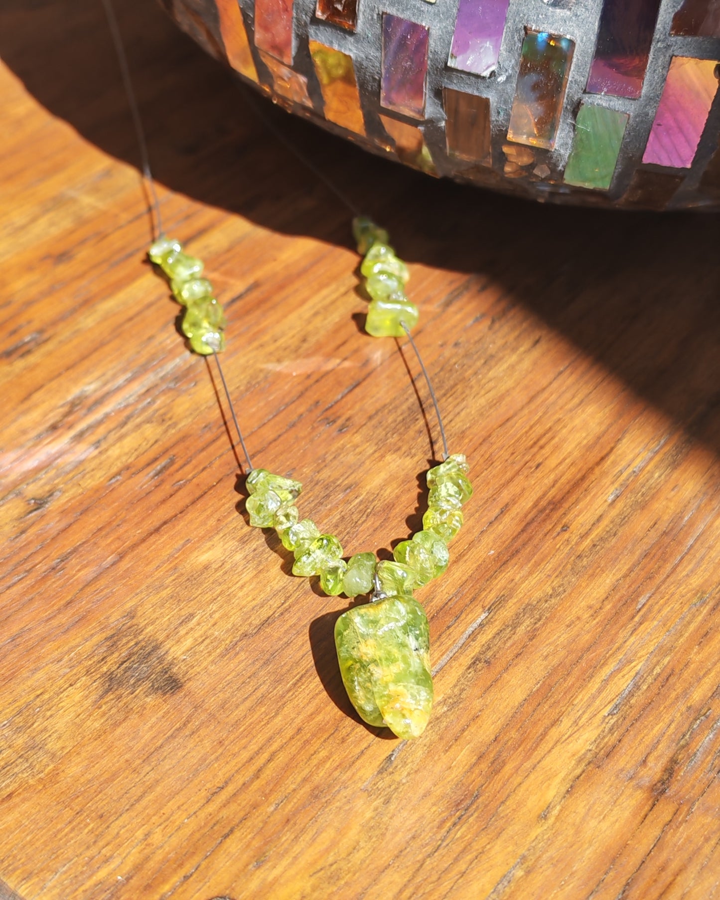 Natural Peridot Chip Necklace with Raw Stone Pendant