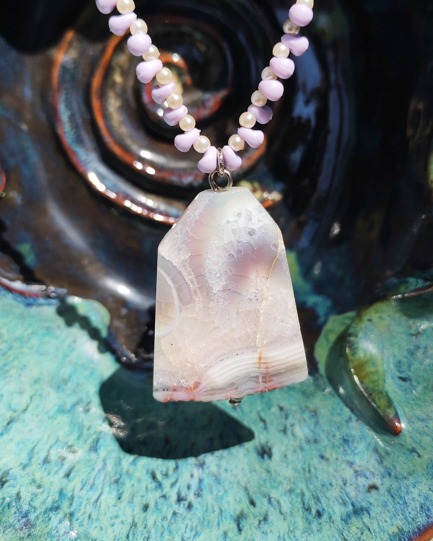 Natural Pink Banded Agate Tombstone Pendant & Chip Crystal Beaded Necklace