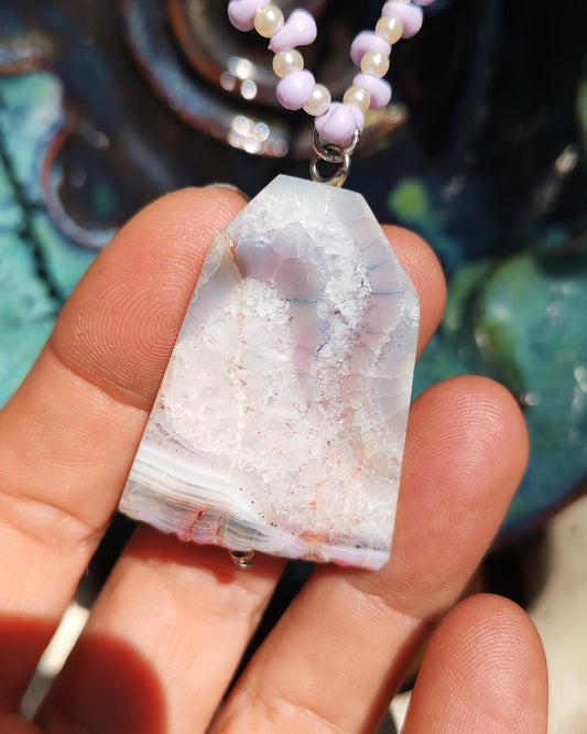 Natural Pink Banded Agate Tombstone Pendant & Chip Crystal Beaded Necklace