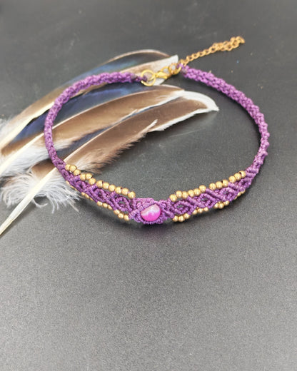 Purple Agate & Gold Brass Bead Macramé Choker
