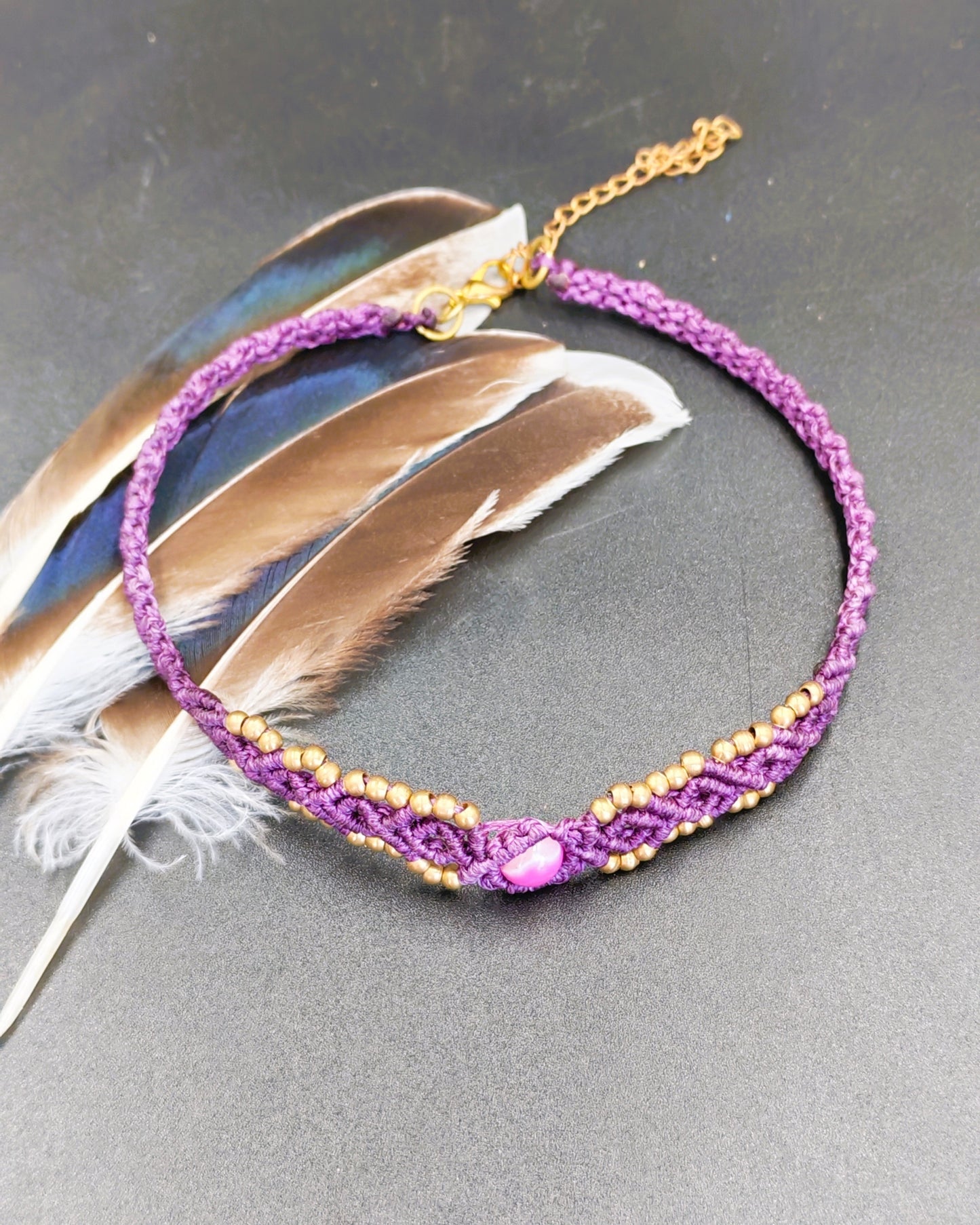 Purple Agate & Gold Brass Bead Macramé Choker