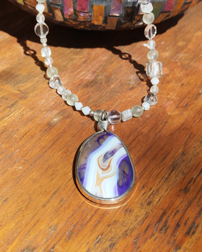 Purple & White Marble Agate Oval Pendant on Crystal Quartz Necklace