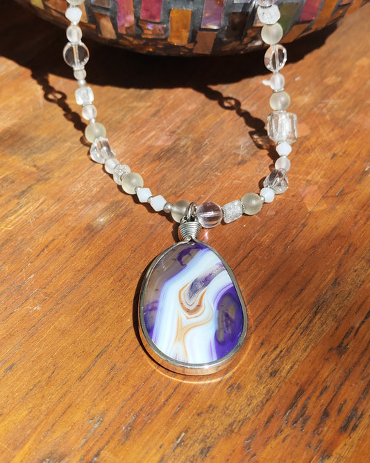 Purple & White Marble Agate Oval Pendant on Crystal Quartz Necklace