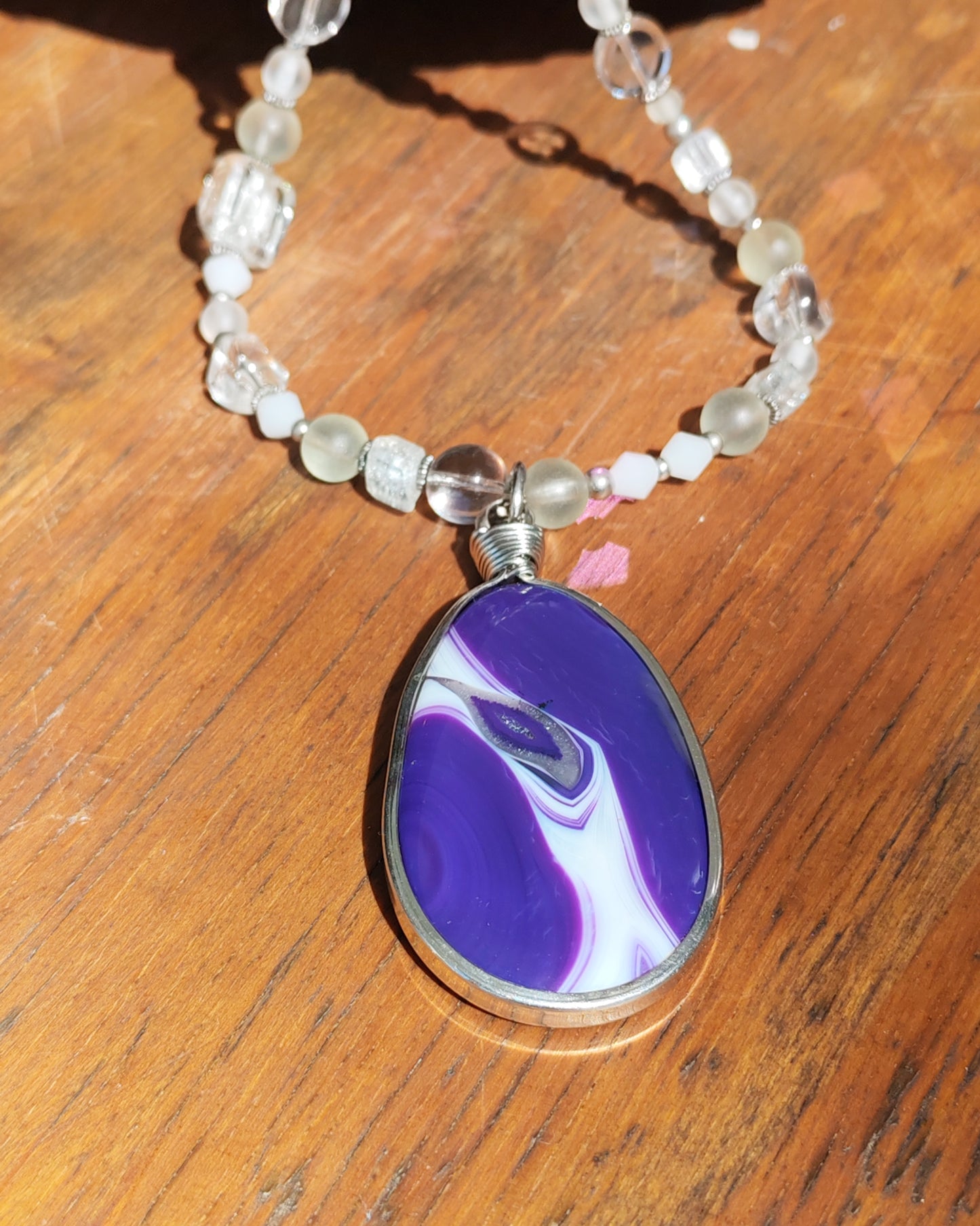 Purple & White Marble Agate Oval Pendant on Crystal Quartz Necklace