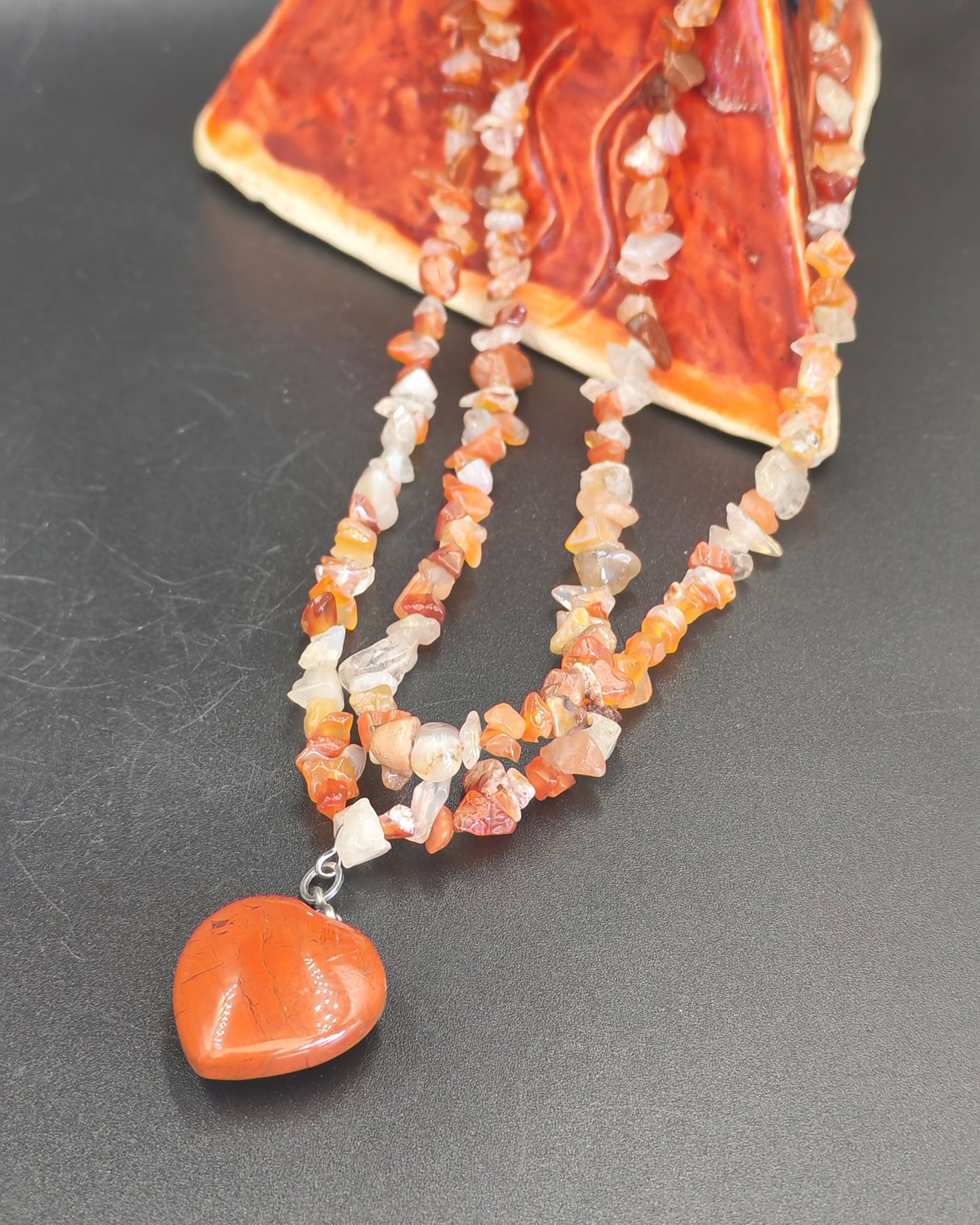 Red Jasper Heart Pendant & Carnelian Chip Bead Necklace