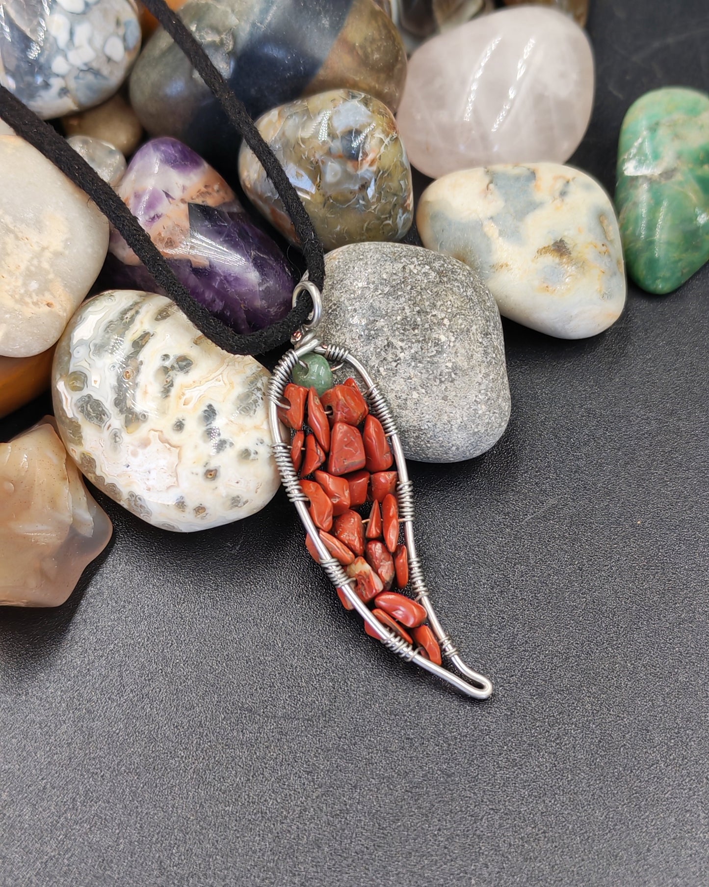 Red Jasper & Aventurine Wire-Wrap Chili Pendant