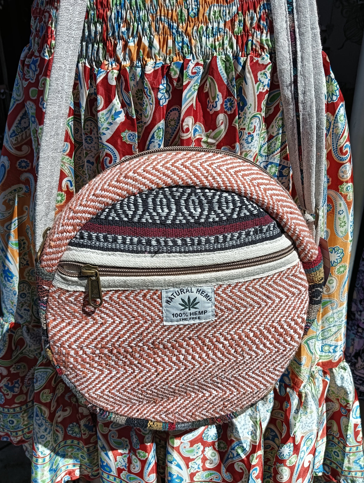 Himalayan Hemp Round Crossbody Bag — interior view showing natural linen lining and zip closure