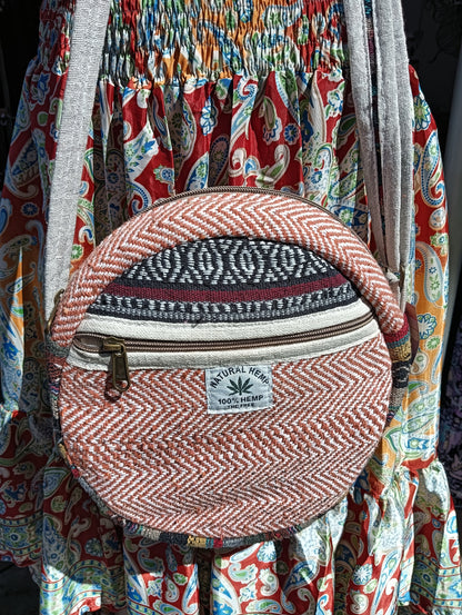 Himalayan Hemp Round Crossbody Bag — interior view showing natural linen lining and zip closure