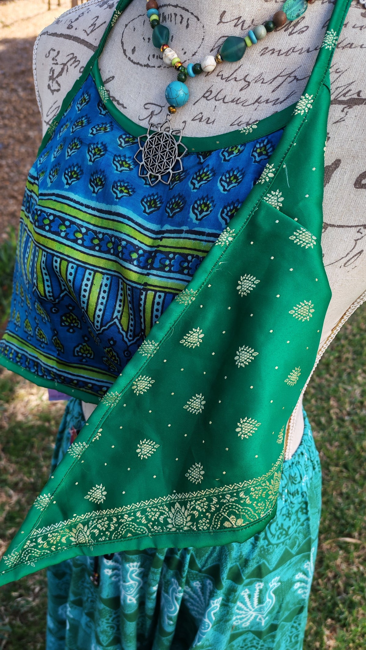Reversible Satin Halter Crop Top – full outfit view with teal elephant print skirt