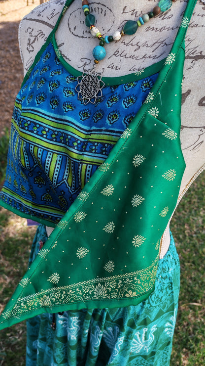 Reversible Satin Halter Crop Top – full outfit view with teal elephant print skirt
