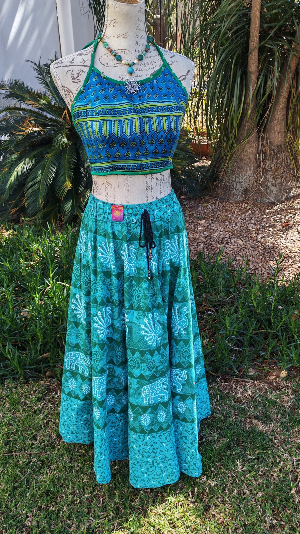 Reversible Satin Halter Crop Top – cobalt blue block print side, front view on mannequin