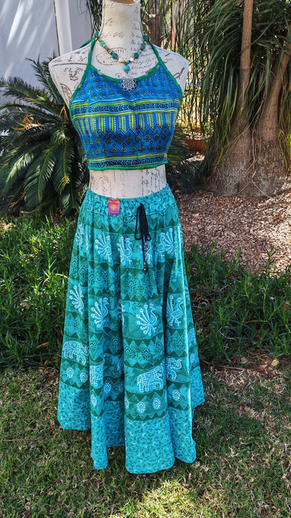 Reversible Satin Halter Crop Top – cobalt blue block print side, front view on mannequin