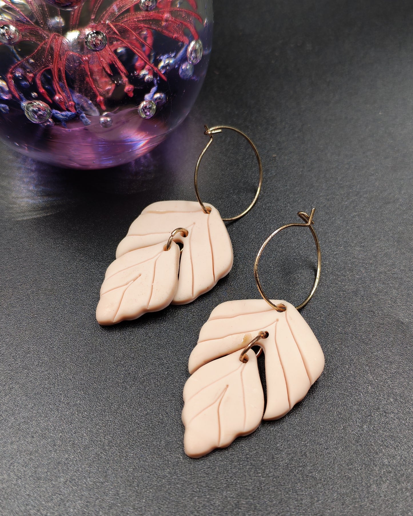 Blush Pink Polymer Clay Leaf Hoop Earrings