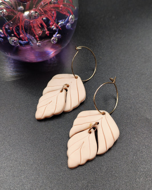 Blush Pink Polymer Clay Leaf Hoop Earrings