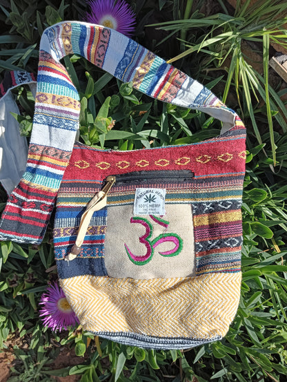 Himalayan Hemp Om Sling Bag – pink and green Om embroidery colourway