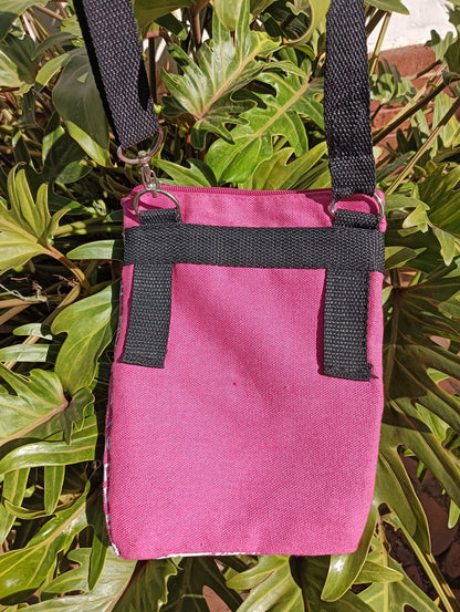 South Africa Print Canvas Bag in Berry Pink — back view showing solid canvas panel and D-ring strap loops