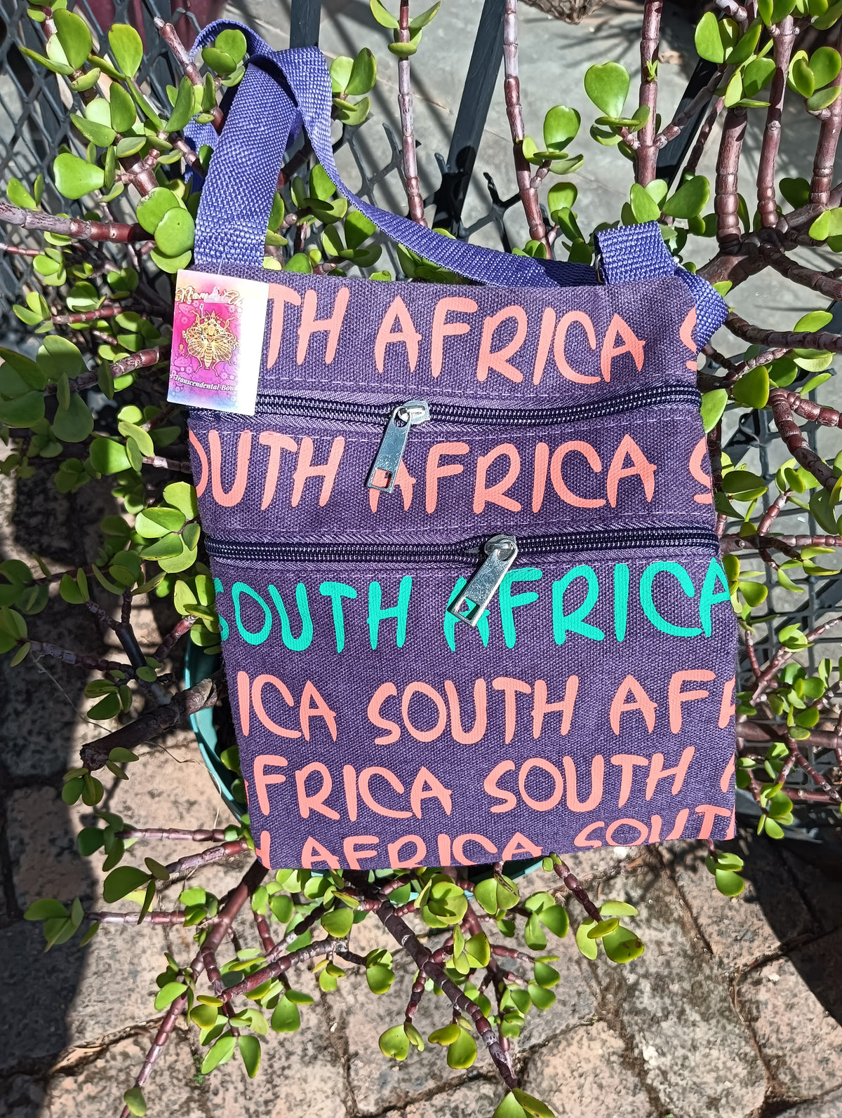 South Africa Print Canvas Crossbody Bag – Brown & Teal