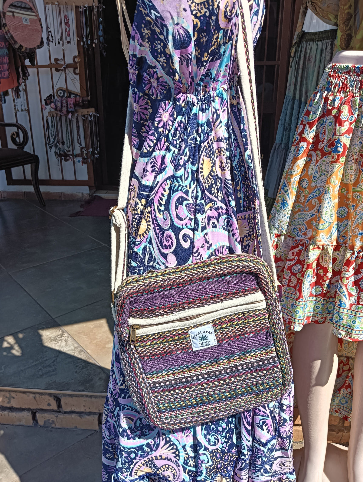 Himalayan Hemp Square Crossbody Bag — worn crossbody showing full bag and strap length