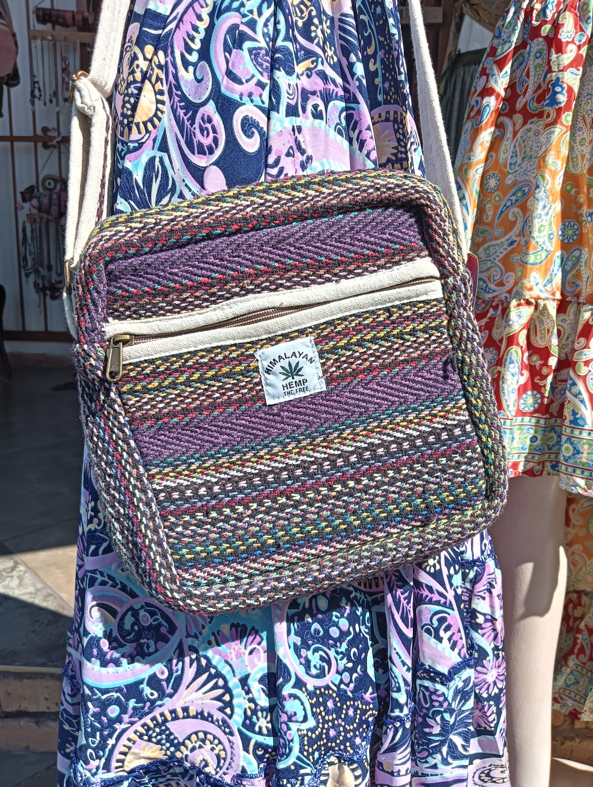 Himalayan Hemp Square Crossbody Bag in Purple Multicolour — front view showing herringbone stripe weave and purple accent panel
