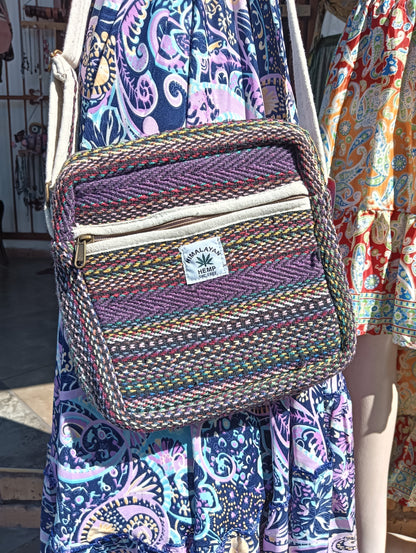 Himalayan Hemp Square Crossbody Bag in Purple Multicolour — front view showing herringbone stripe weave and purple accent panel