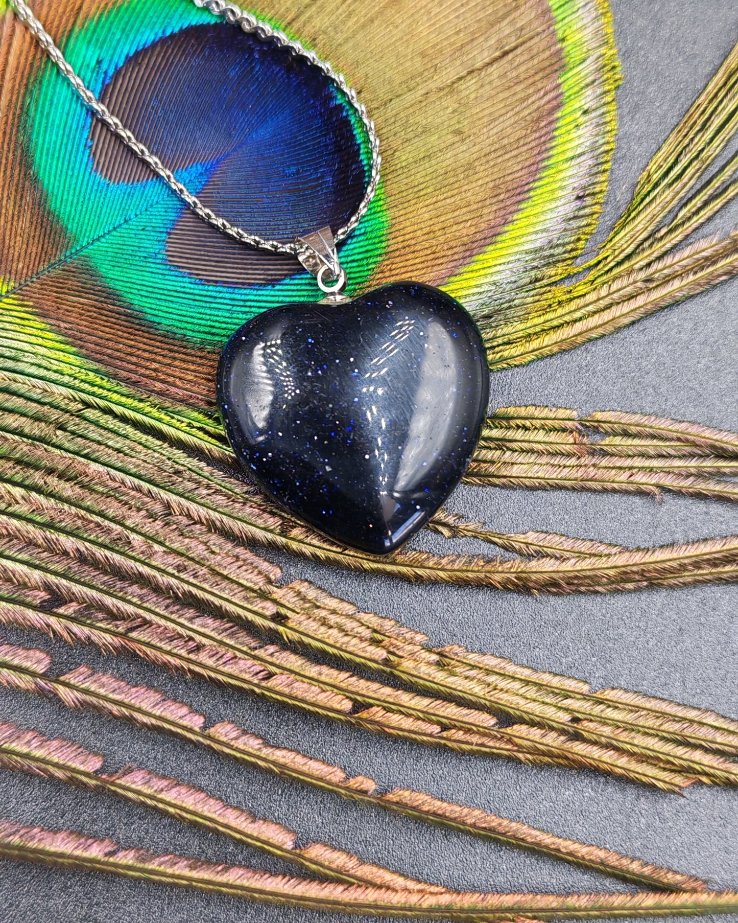 Blue Goldstone Star Stone Heart Pendant