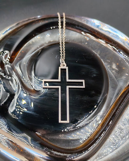 Sterling Silver Hollow Cutout Cross Pendant Necklace