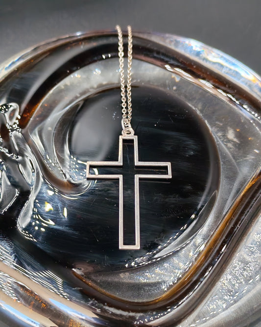 Sterling Silver Hollow Cutout Cross Pendant Necklace