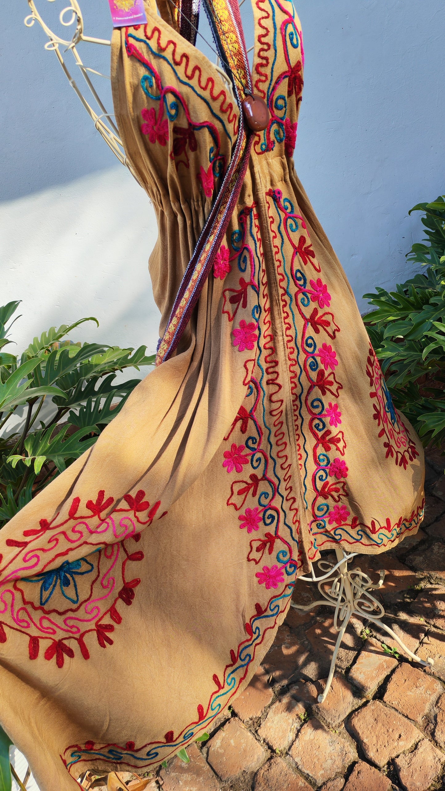Stone Boho Embroidered Backless Strappy Dress