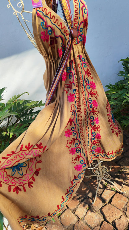 Stone Boho Embroidered Backless Strappy Dress