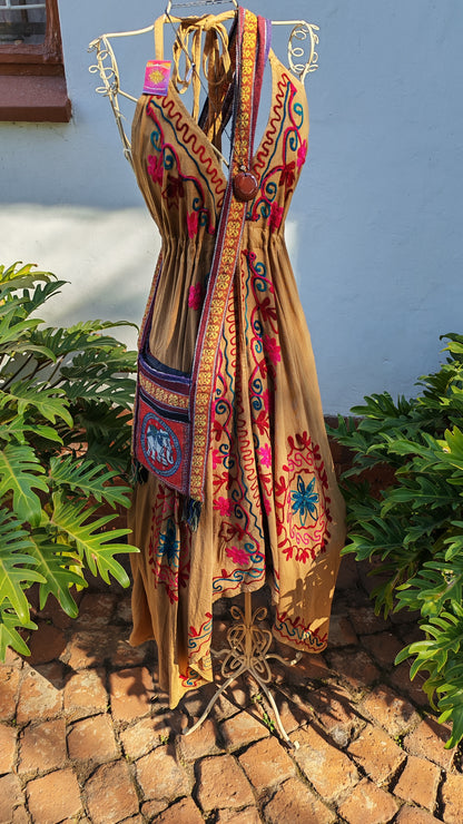 Stone Boho Embroidered Backless Strappy Dress