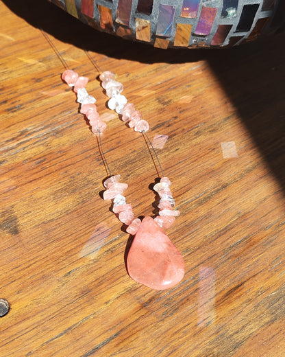 Natural Strawberry Quartz Pendant on Rose Quartz Chip Necklace