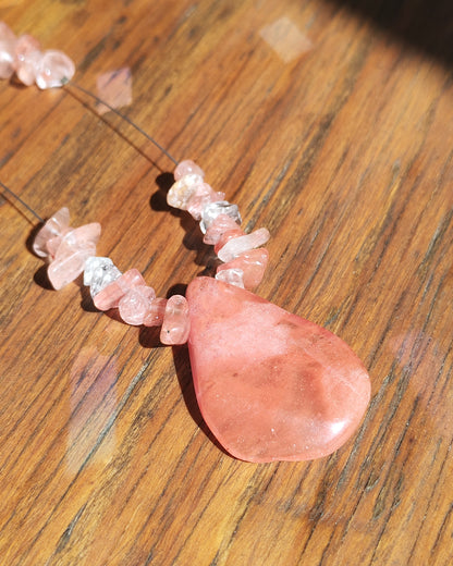 Natural Strawberry Quartz Pendant on Rose Quartz Chip Necklace