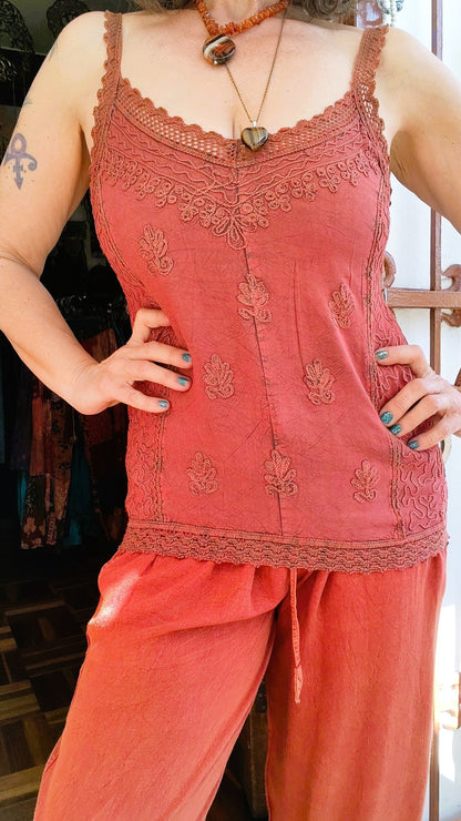 Rust Red Embroidered Lace Cami Top