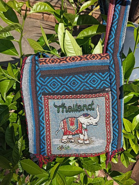 Thai Woven Sling Bag – Thailand Elephant Tapestry Panel (Turquoise & Blue)