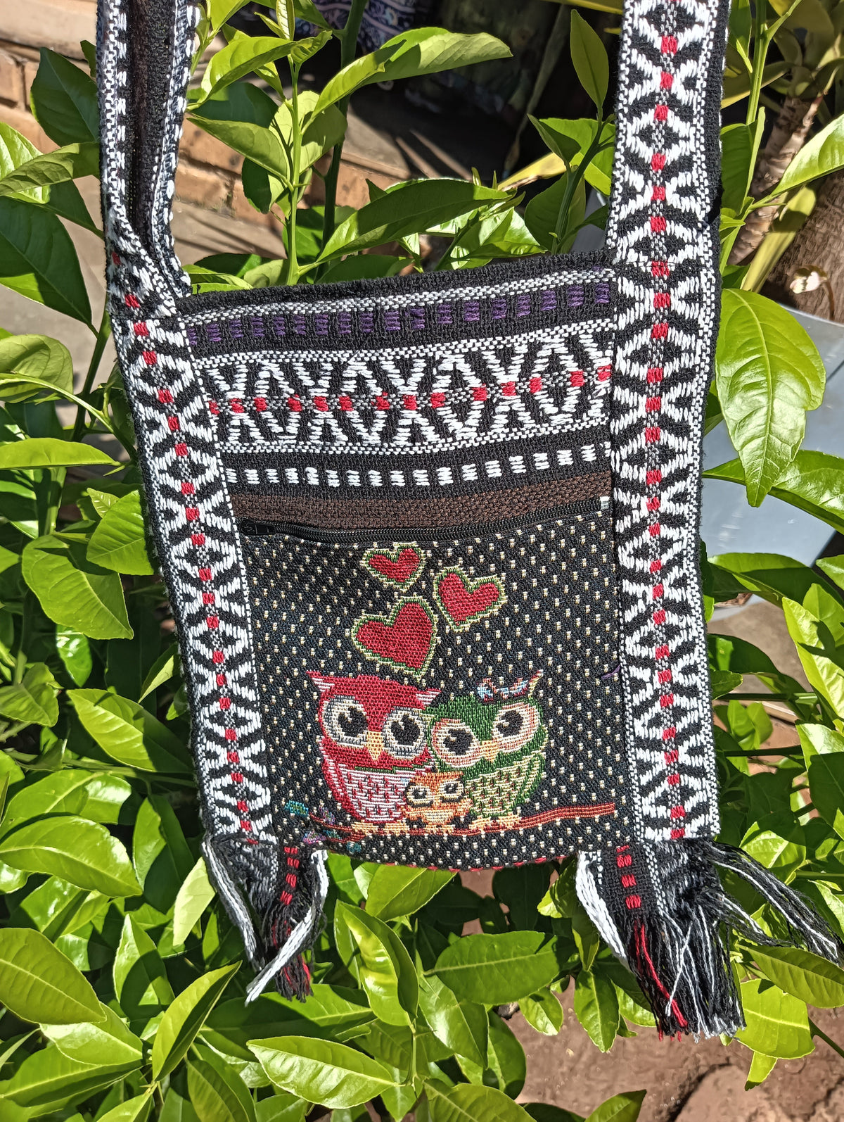 Thai Woven Crossbody Bag – Loving Owls — front view showing owl motif, geometric weave and tassel fringe