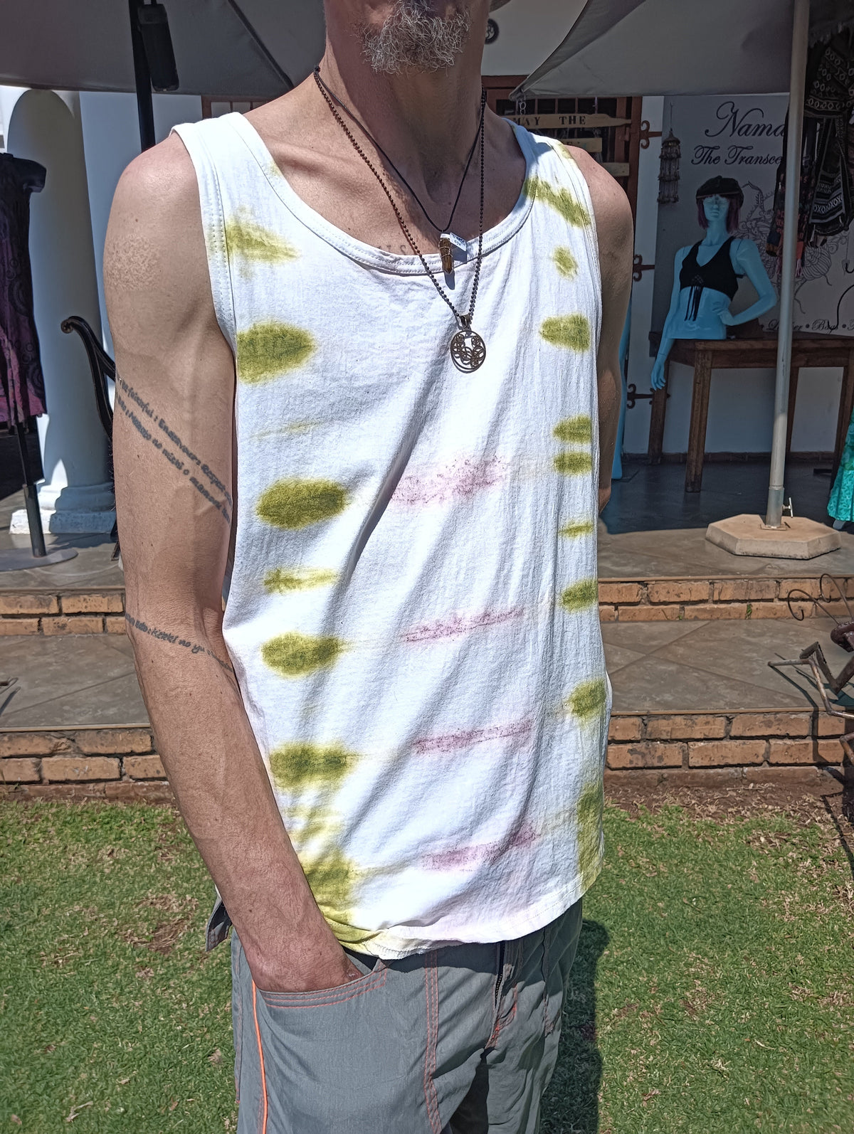 Hand Tie-Dye Vest in White Olive and Pink – closer view showing olive and pink tie-dye splotch detail