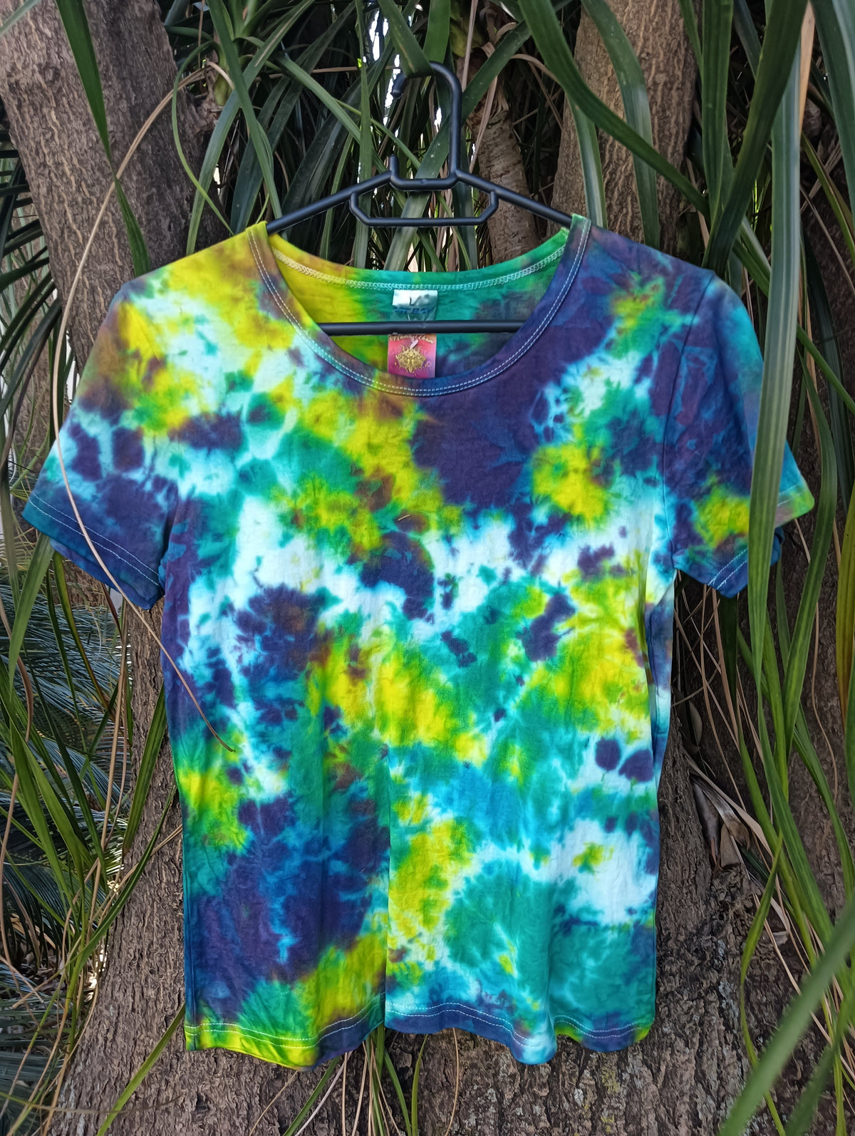 Hand Tie-Dye Yellow Blue Splatter T-Shirt - chartreuse yellow teal and navy splatter pattern