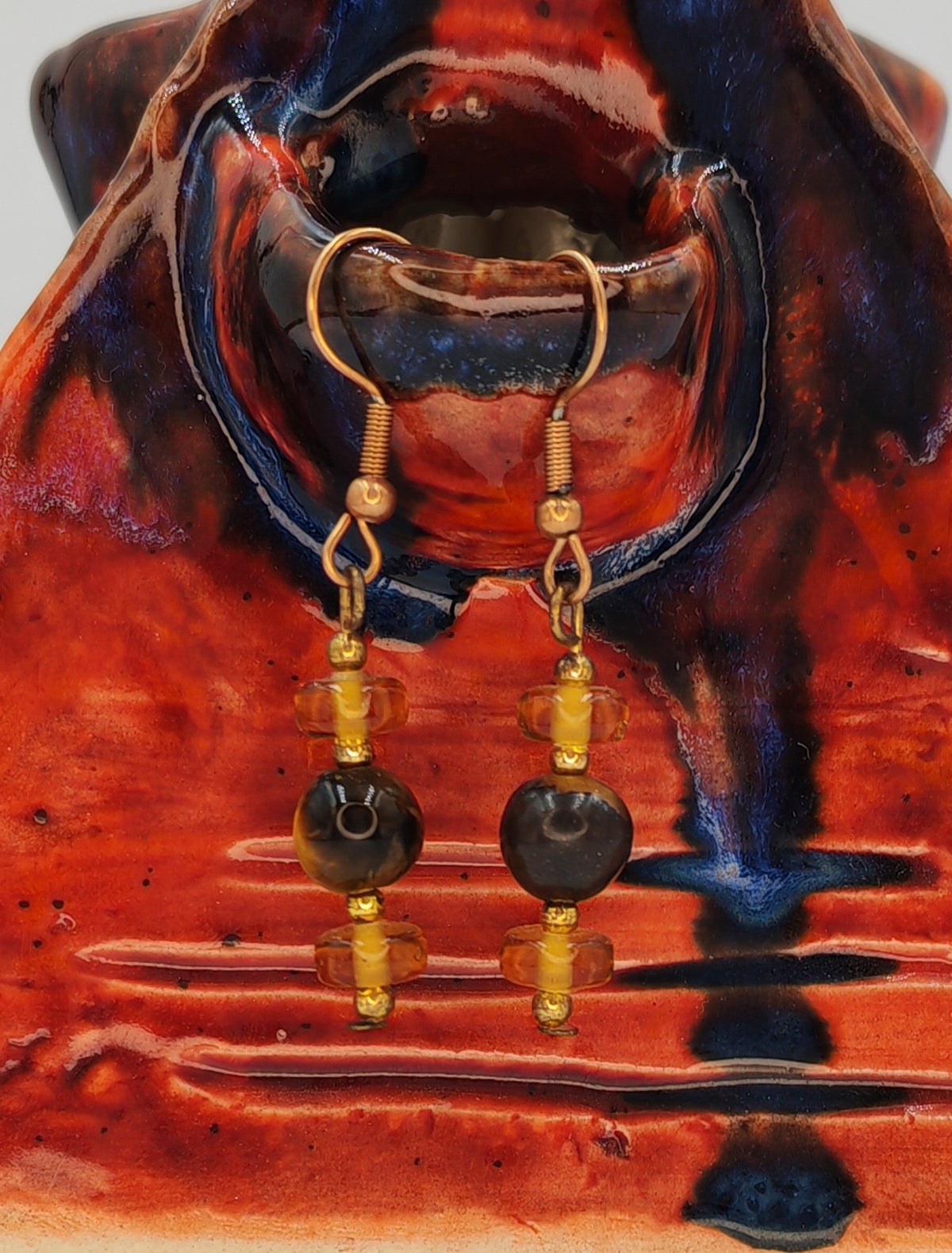 Tiger's Eye & Amber Glass Bead Drop Earrings