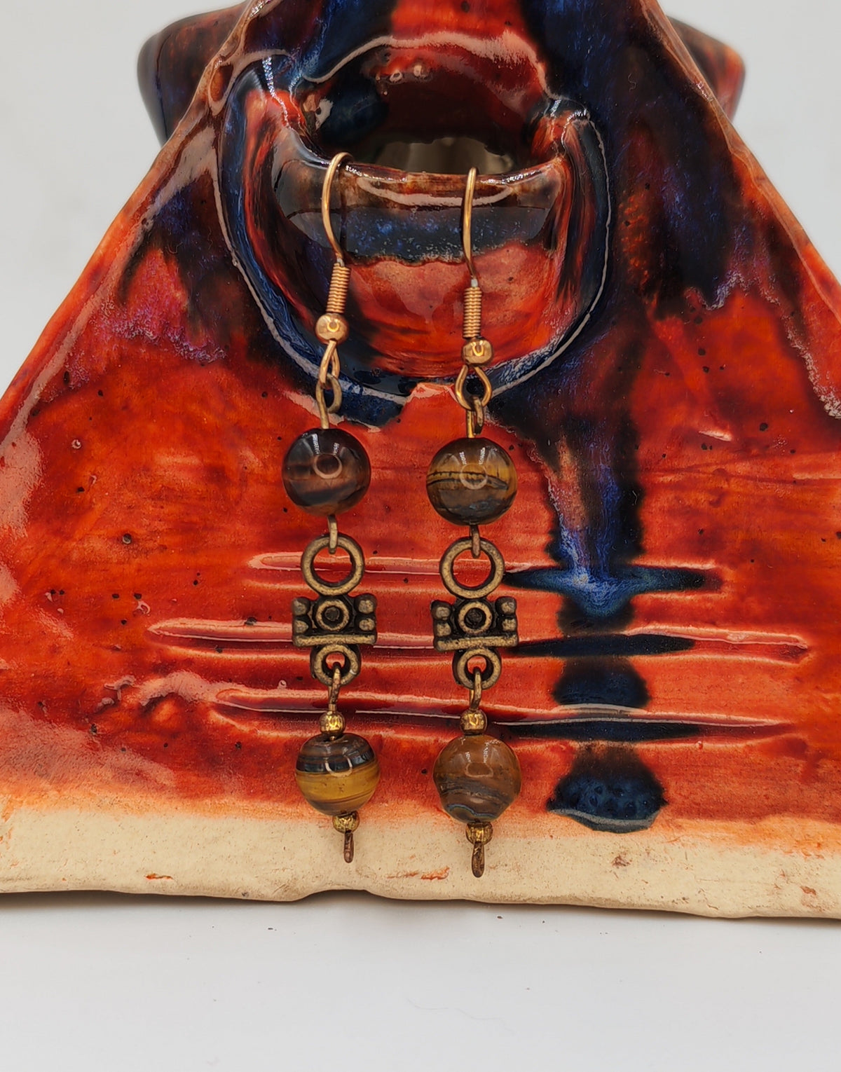 Tiger's Eye & Antique Brass Tribal Drop Earrings