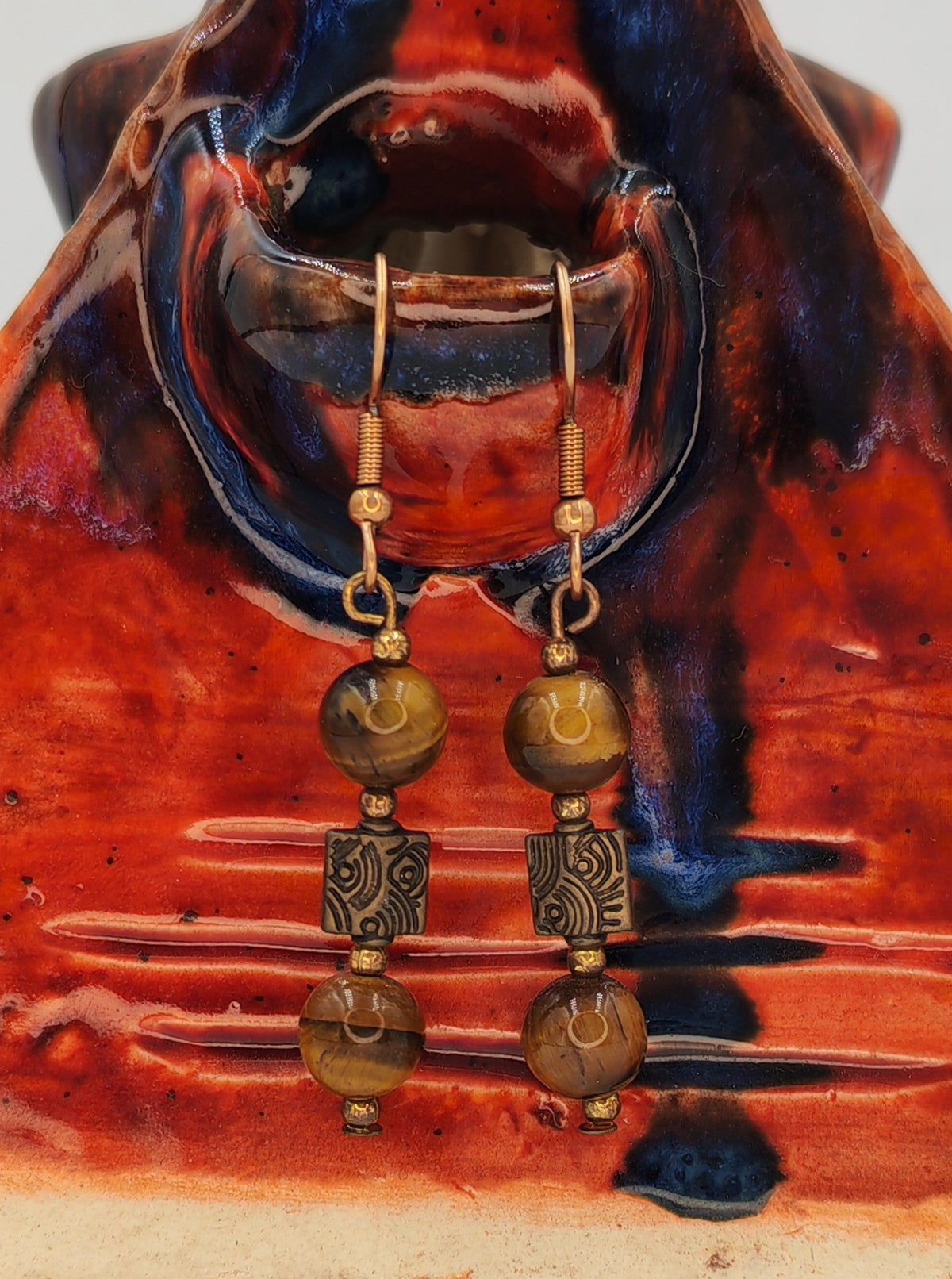Tiger's Eye & Antique Brass Engraved Tile Drop Earrings