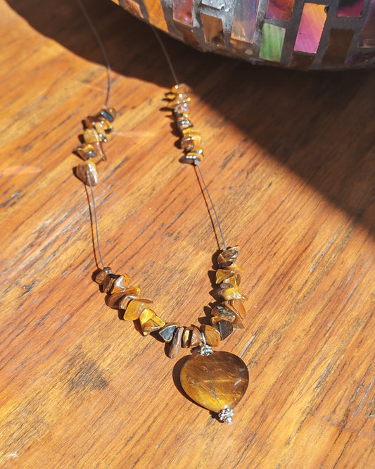 Tiger's Eye Chip & Heart Pendant Necklace
