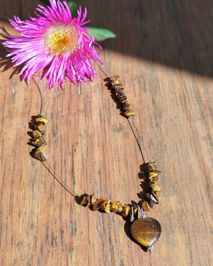 Tiger's Eye Chip & Heart Pendant Necklace