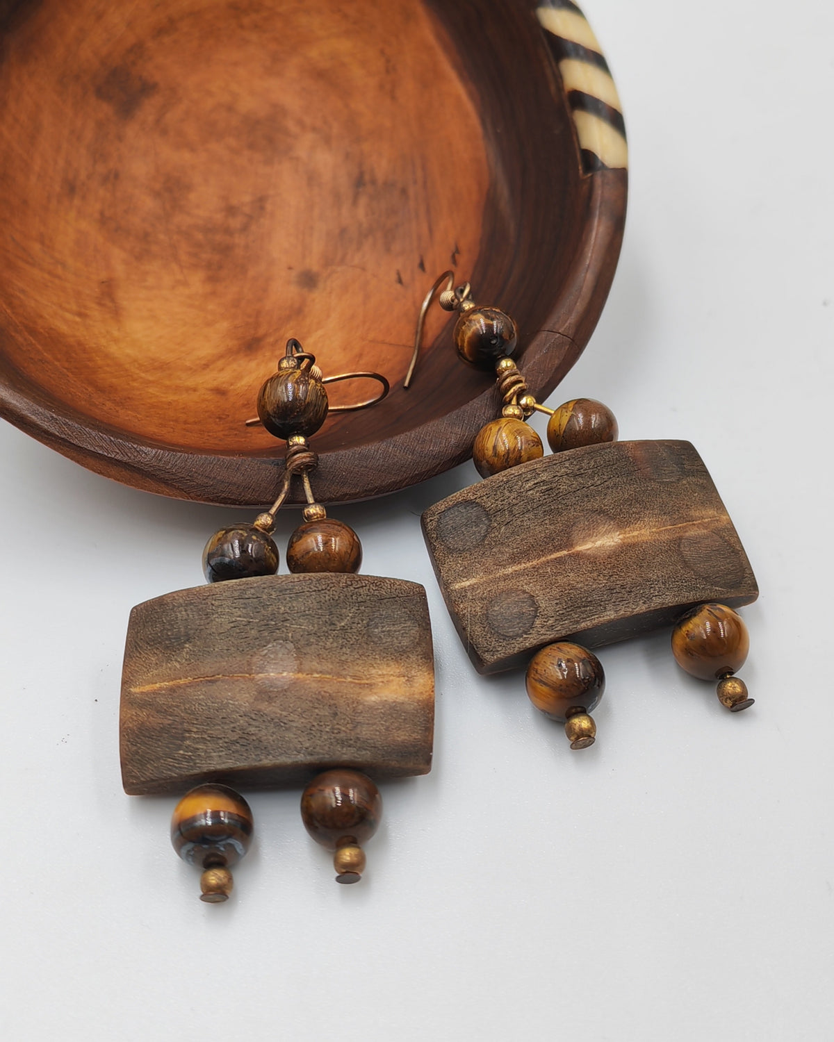 Tiger's Eye & Wood Barrel Drop Earrings